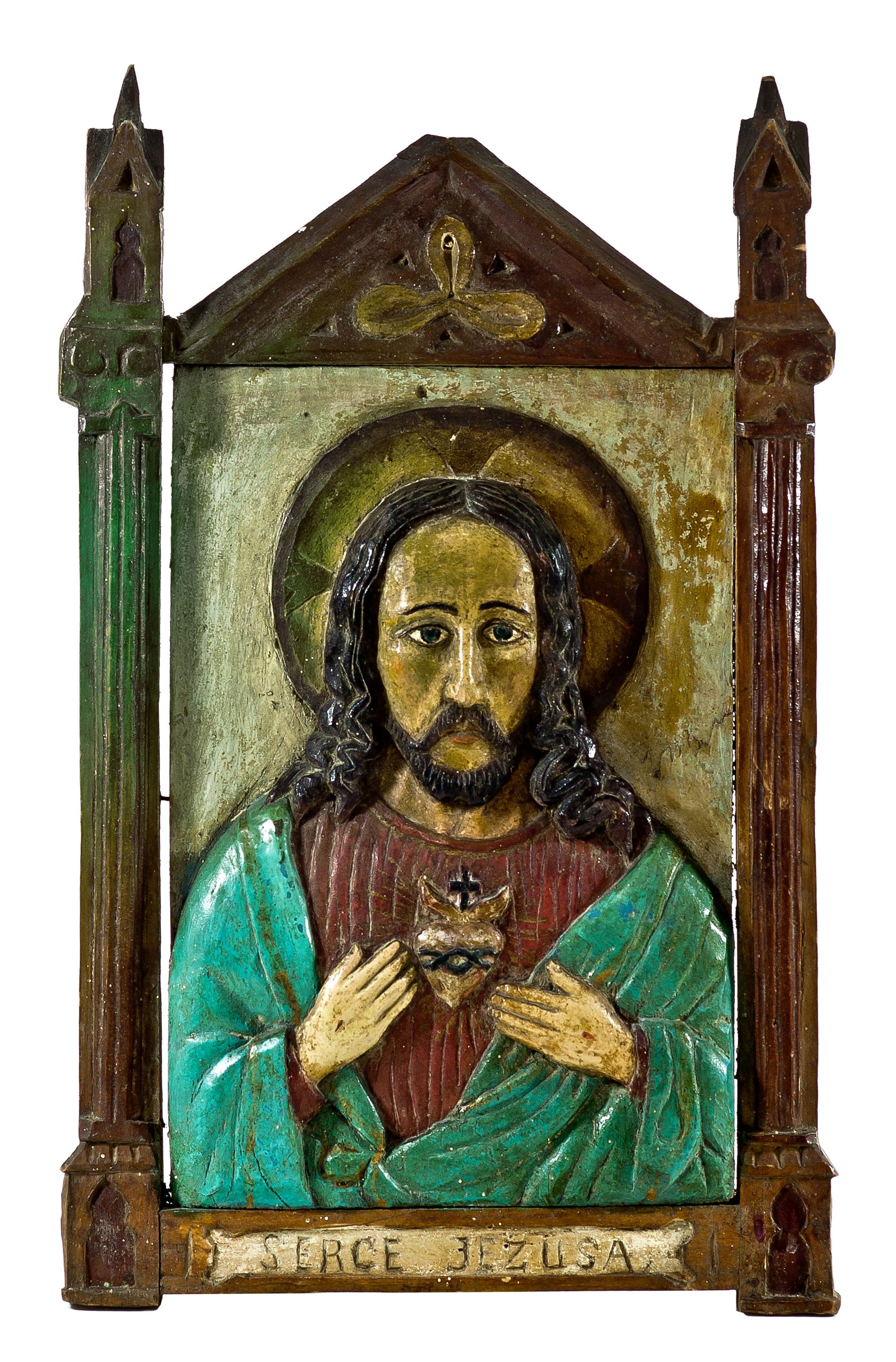 932 etnografia - serce jezusa, płaskorzeźba, błażkowa, 1948 r., wys. 54 cm, szer. 34,4 cm, gr. 3 cm