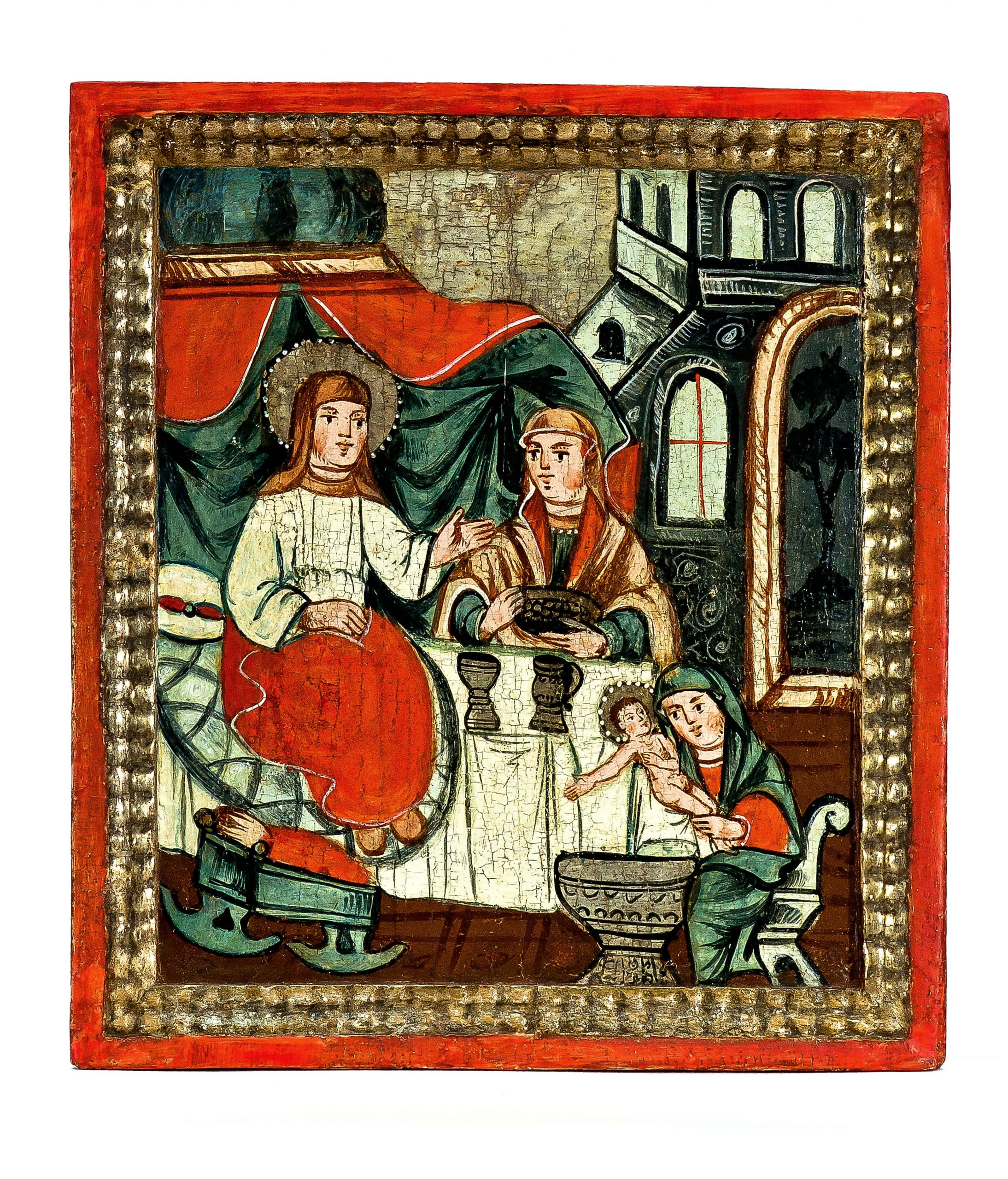 936 ah ikona, kąpiel dzieciątka jezus. xviii w. polska południowo wschodnia 35x31 cm.
