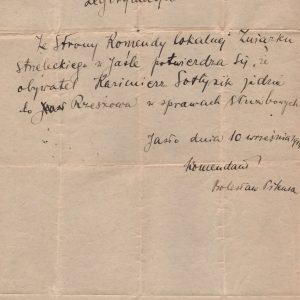 1456 ahsid legitymacja-przepustka dla kazimierza sołtysika wystawiona przez komendę związku strzeleckiego w jaśle. 1914 r.