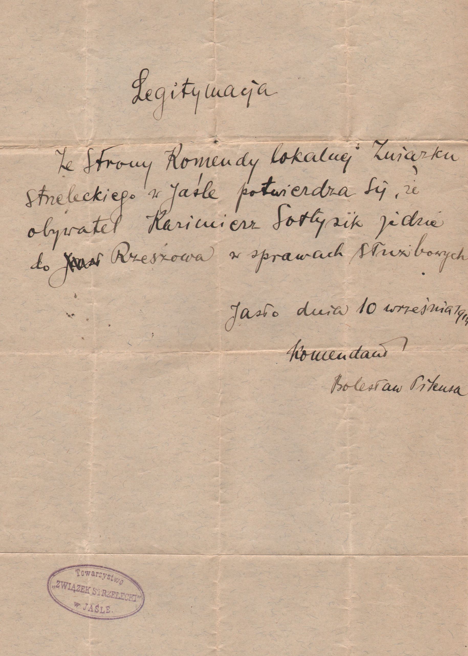 1456 ahsid legitymacja-przepustka dla kazimierza sołtysika wystawiona przez komendę związku strzeleckiego w jaśle. 1914 r.