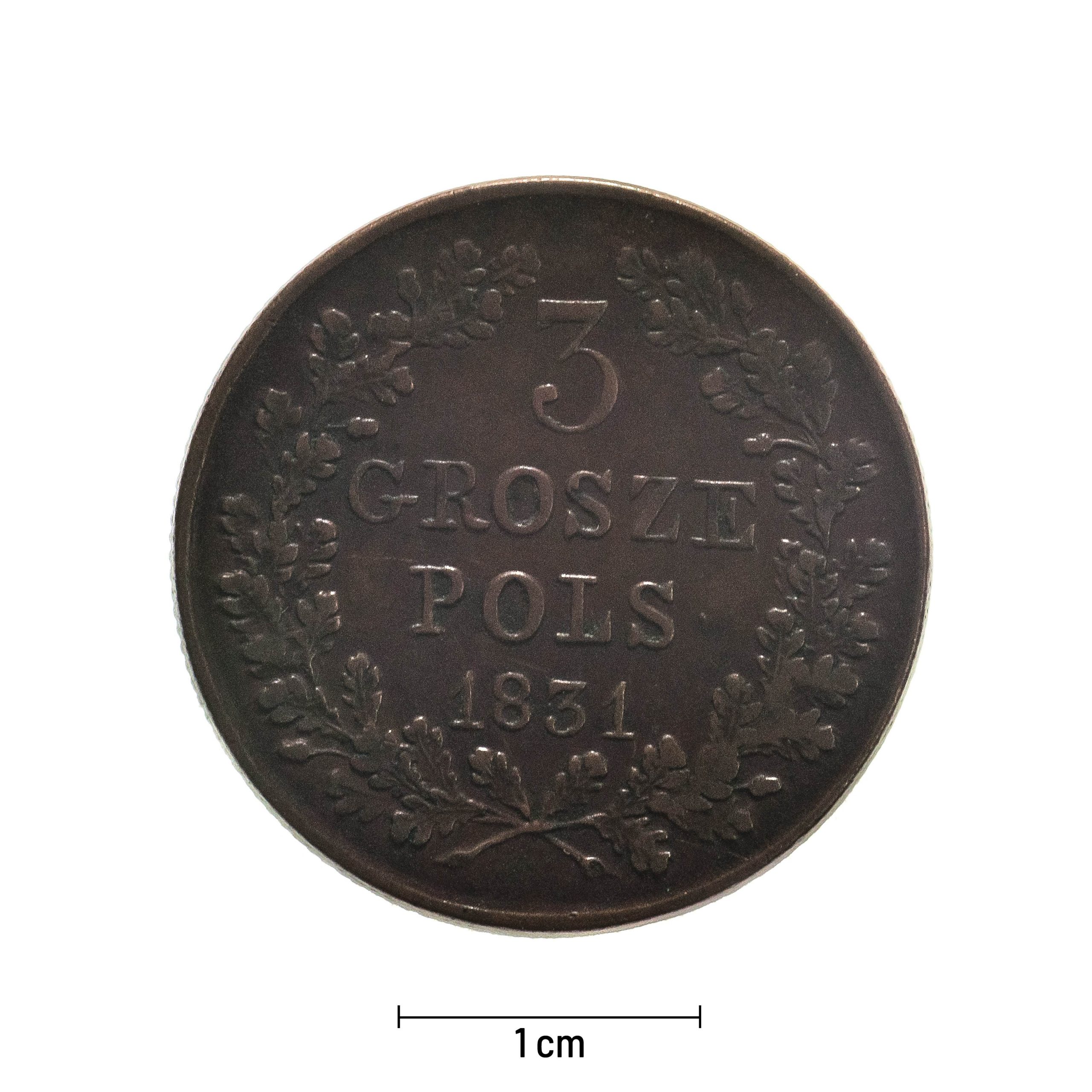 0833 zbiory numizmatyczne st. kadyiego; królestwo polskie (1831); 3 grosze – rewers