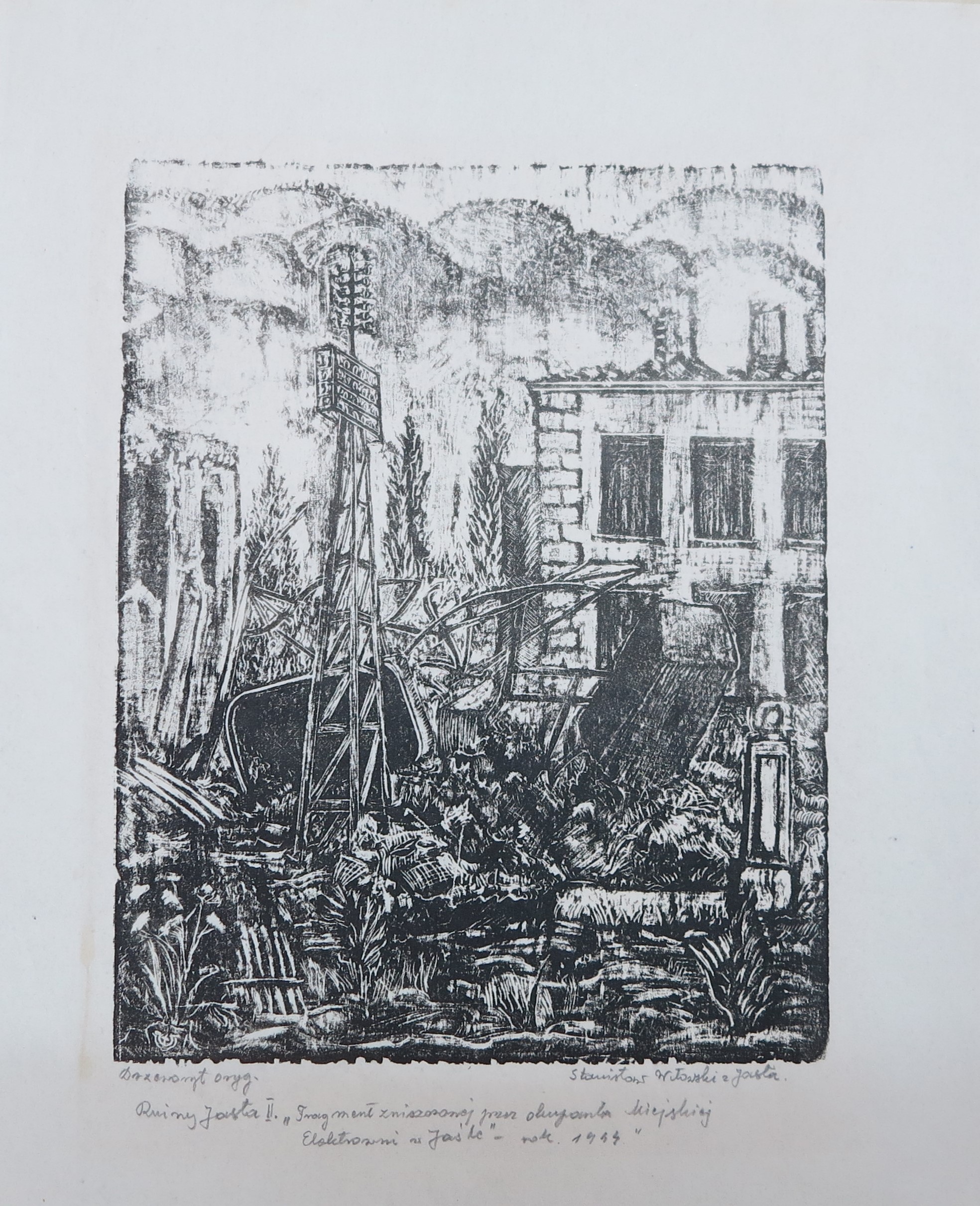 168 a-h, stanisław witowski z jasła, fragment zniszczonej przez okupanta elektrowni miejskiej, drzeworyt