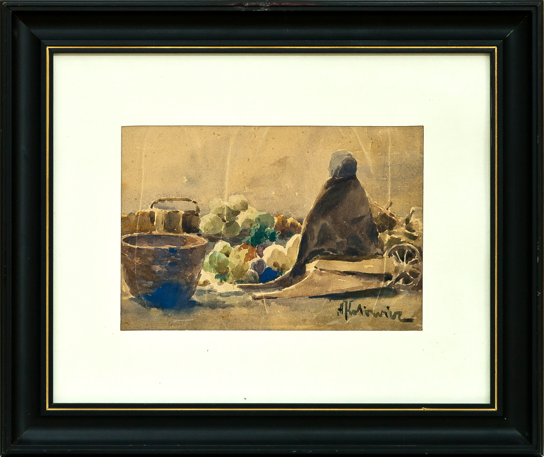 224 a-h, apolinary kotowicz, na targu w jaśle, 1912-13, akwarela, 15x22,5 cm