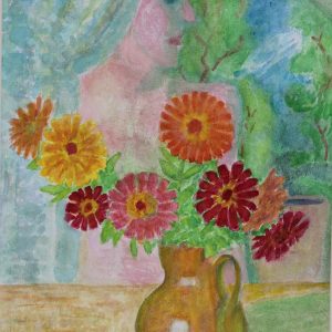 4549 a-h, stanisław witowski z jasła, cynie w dzbanku, 1985 replika akwareli z 1947, akwarele, 47 x 36 cm