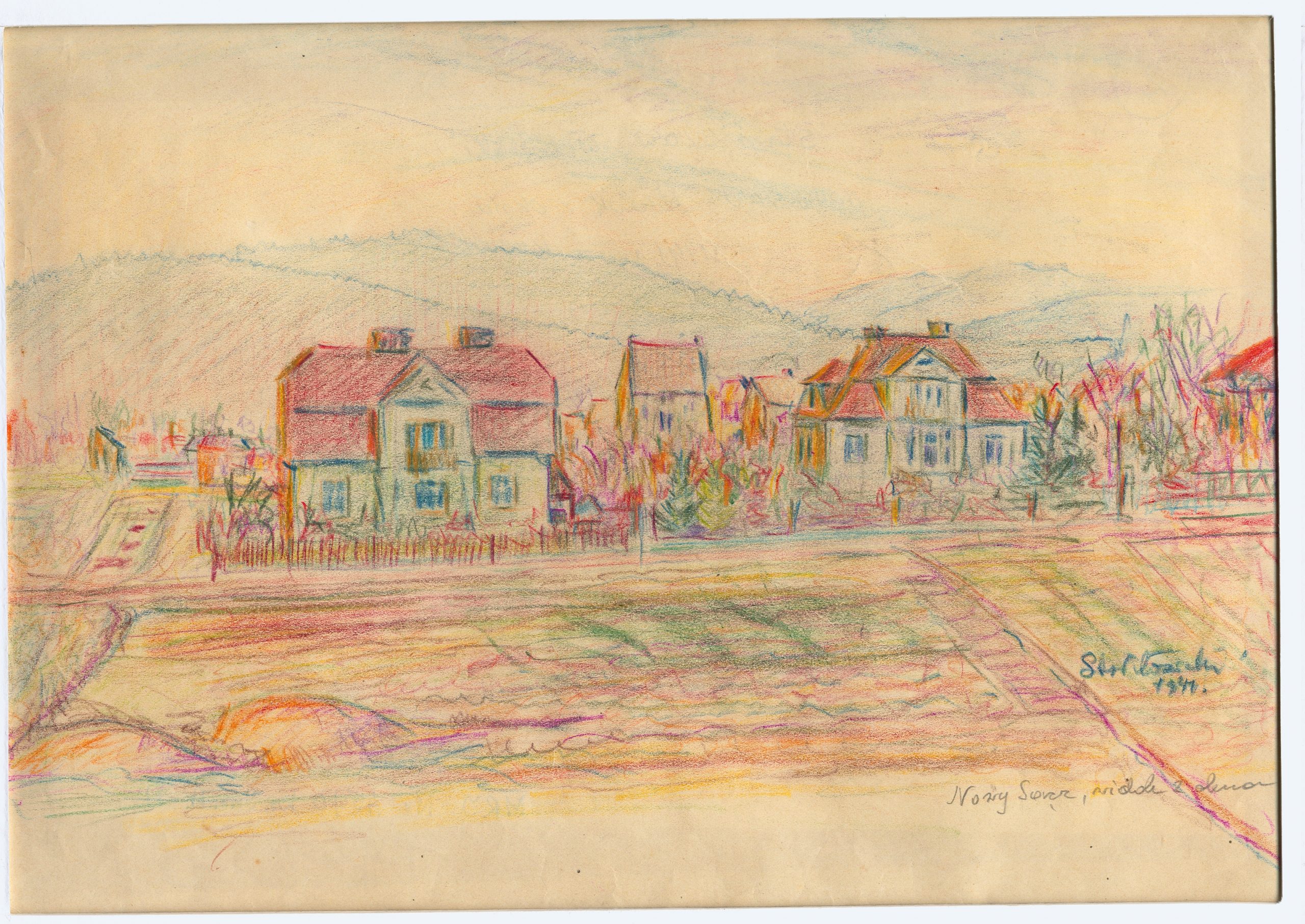 4570 a-h, stanisław witowski z jasła, nowy sącz, widok z okna, 1941, kredki, 21 x 29,5 cm